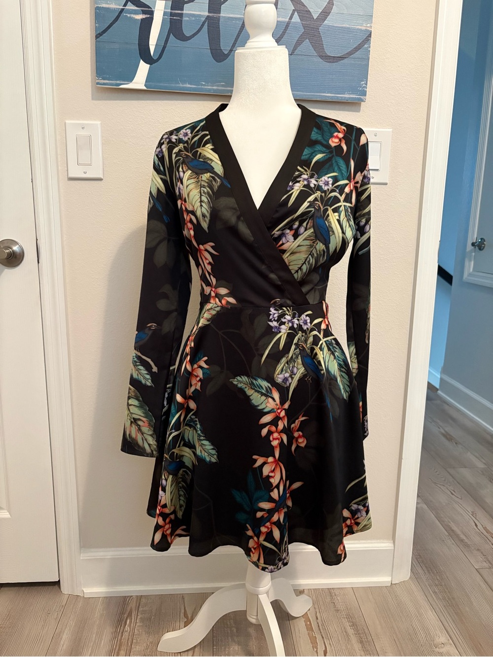Floral Wrap-Style Long Sleeve Dress in Black